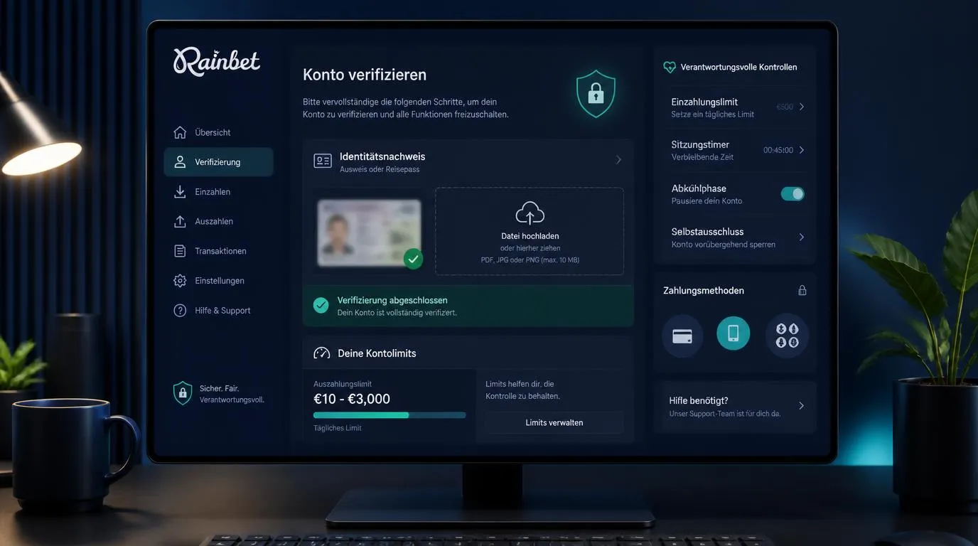 Verifizierungsbereich mit geschütztem Dokumentenupload, Kontolimits und bestätigten Zahlungsoptionen
