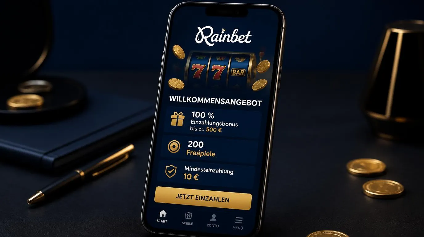 Casino-App mit Willkommensbonus, Einzahlungsfeld und Freispielen auf einem Smartphone