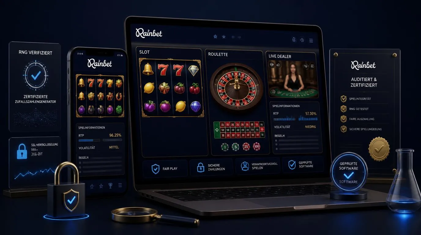 Smartphone und Laptop mit geprüften Casinospielen, RNG-Prüfsiegel und sicheren Software-Verbindungen