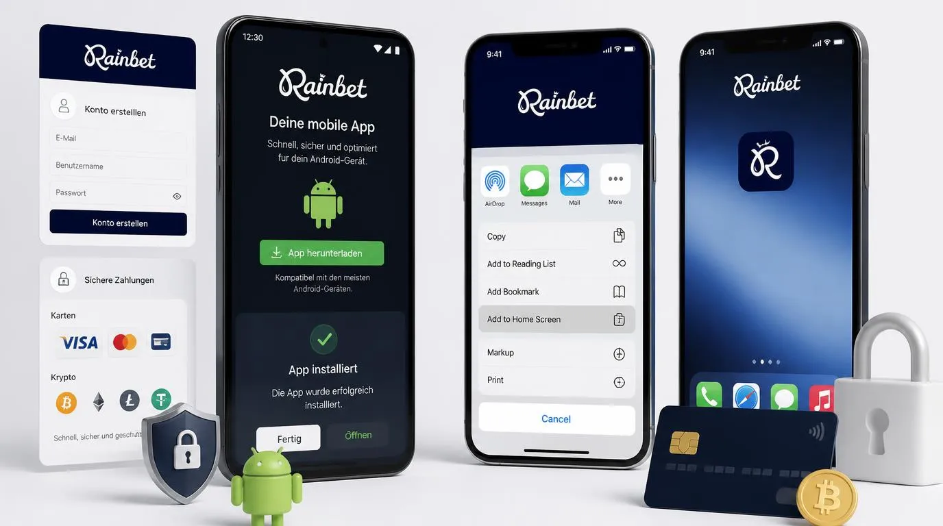 Smartphone mit mobilem Casino-Zugang, Installationsschritten und Web-App-Symbol auf dem Startbildschirm