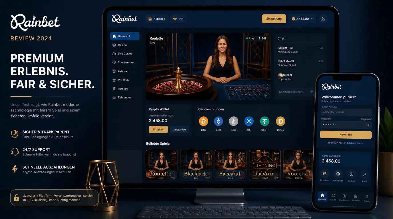 Klare Casino-Oberfläche mit Kryptowährungsoptionen und Live-Dealer-Tisch auf einem Bildschirm