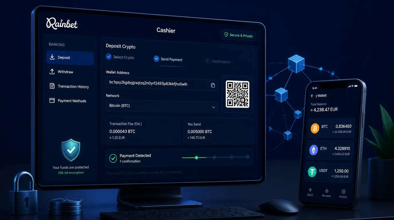 Krypto-Wallet mit sichtbarer Netzwerkprüfung und sicheren Einzahlungsschritten im Casino-Kassenbereich