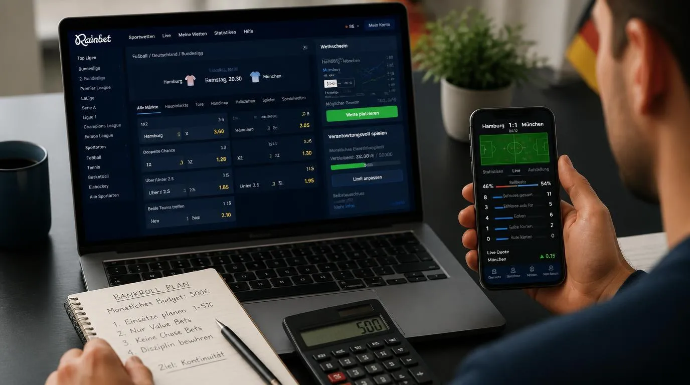 Sportwetter vergleicht Quoten auf Laptop und Smartphone vor einer Live-Wette