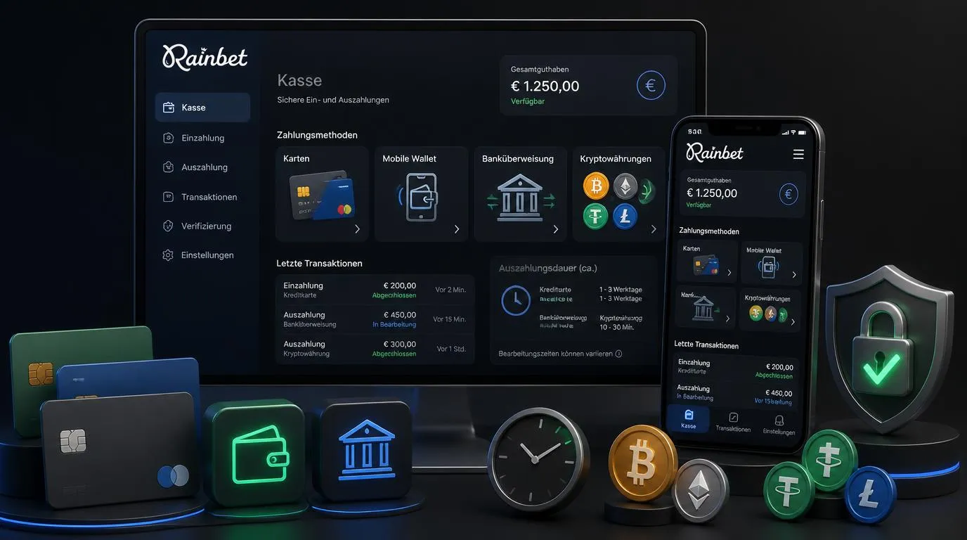 Kassenbereich eines Online-Casinos mit Karten, mobilen Wallets und Kryptowährungen für Ein- und Auszahlungen