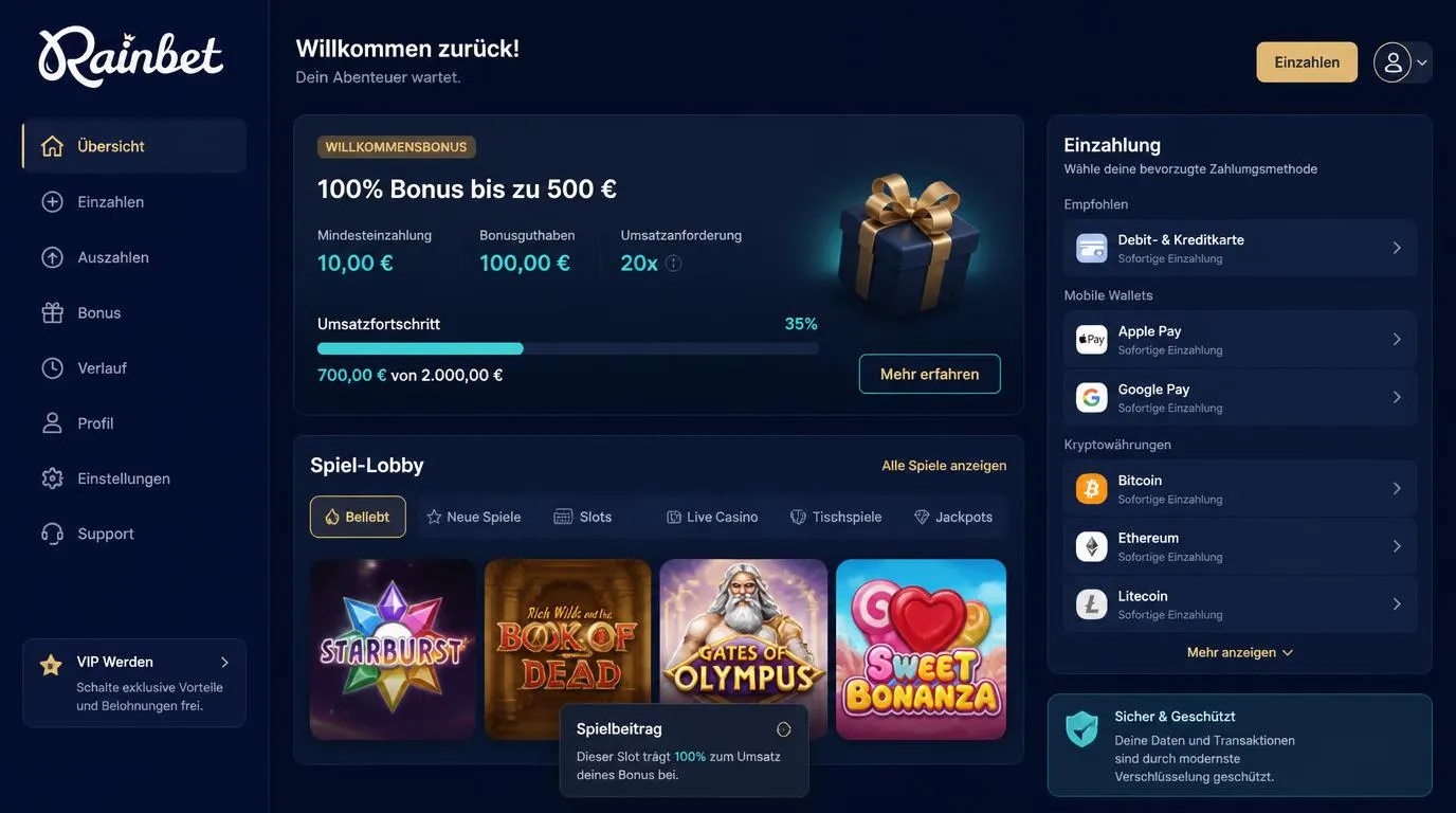 Bonusübersicht im Casino-Konto mit Willkommensangebot, Einzahlung von 10 Euro und Umsatzfortschritt