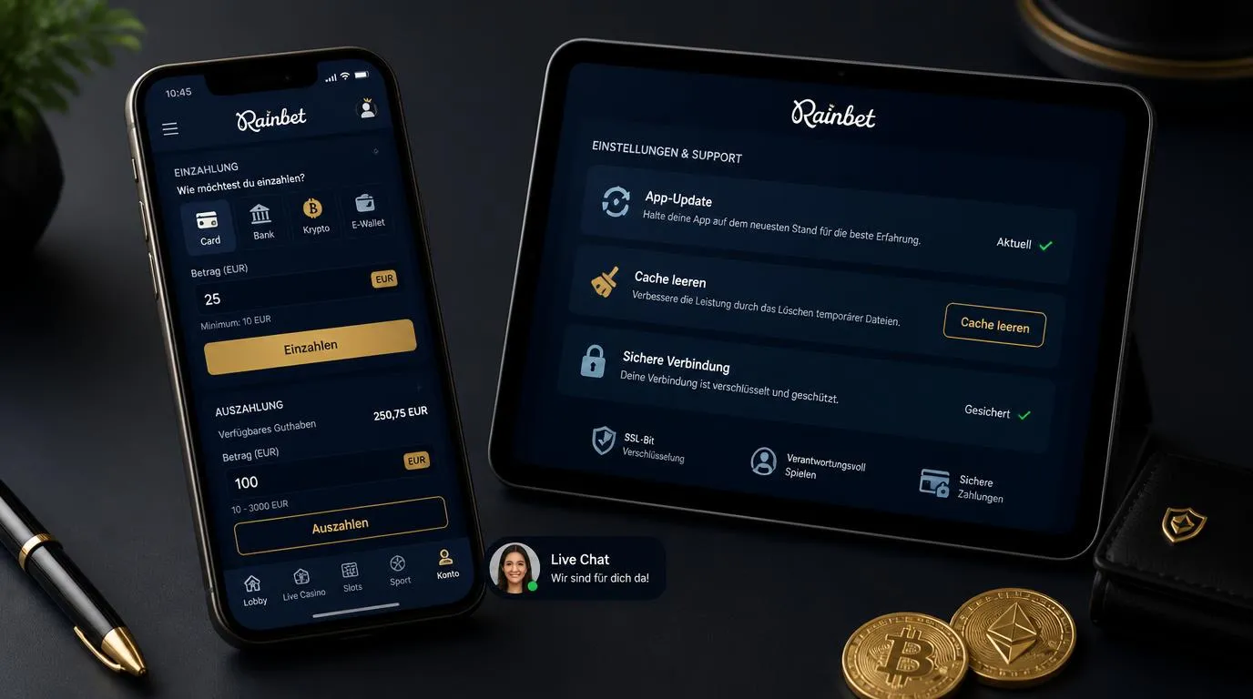 Smartphone mit Casino-Kassenbereich, Verbindungsanzeige und Live-Chat für mobile Hilfe