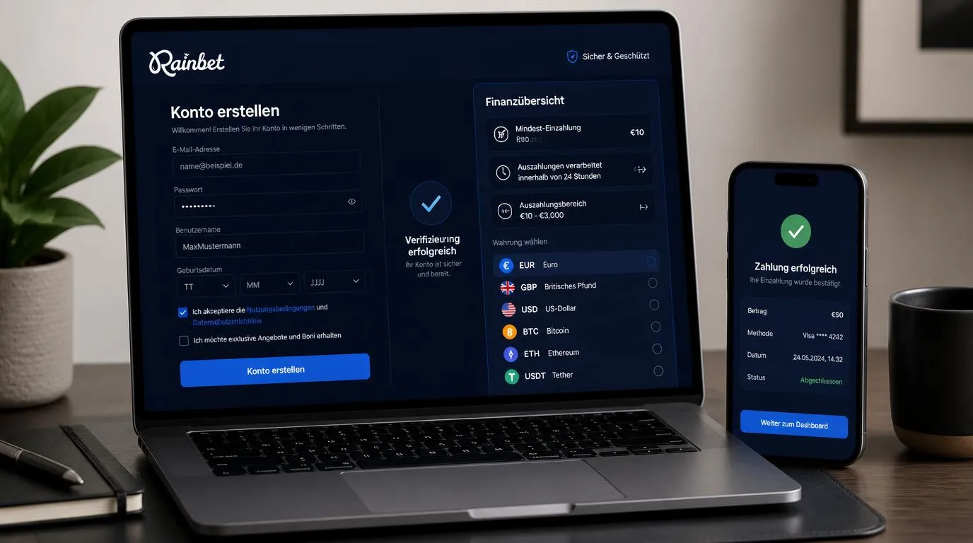 Registrierungsansicht mit Kontowährungen, Mindesteinzahlung und Auszahlungsrahmen auf einem Laptop