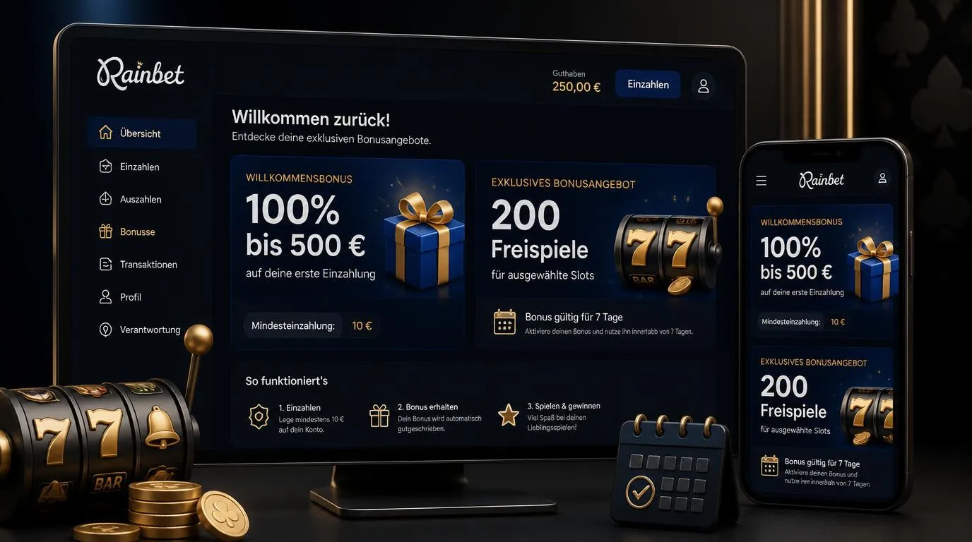 Bonusübersicht mit 100 Prozent Einzahlungsbonus bis 500 Euro und 200 Freispielen